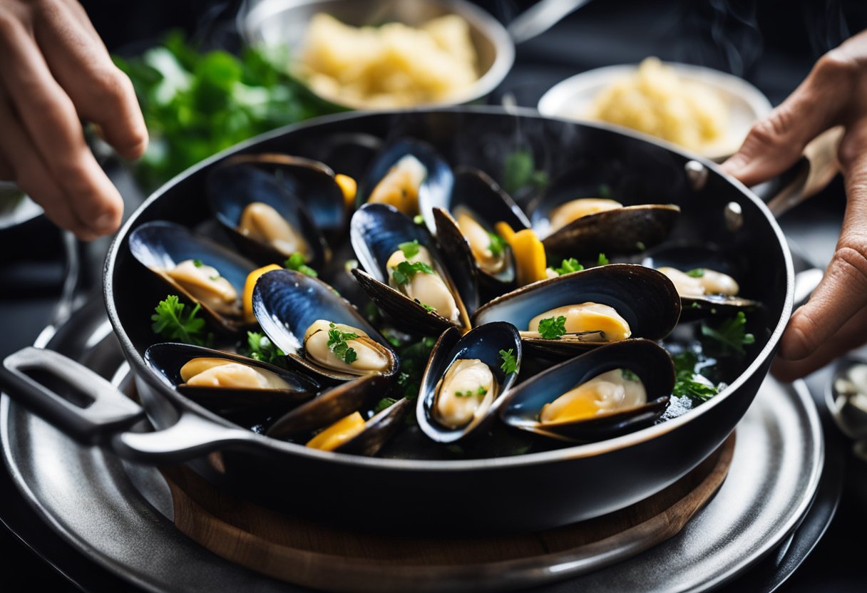 Mussels sizzle in a pan with garlic butter. A hand holds a serving platter, steam rising. A table is set for a feast