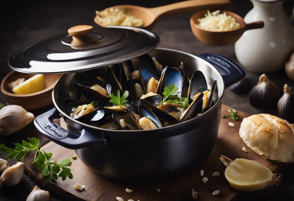 A pot sizzling with garlic and butter, mussels steaming, a wooden spoon stirring. A recipe book open with "Frequently Asked Questions: how to cook mussels garlic butter."