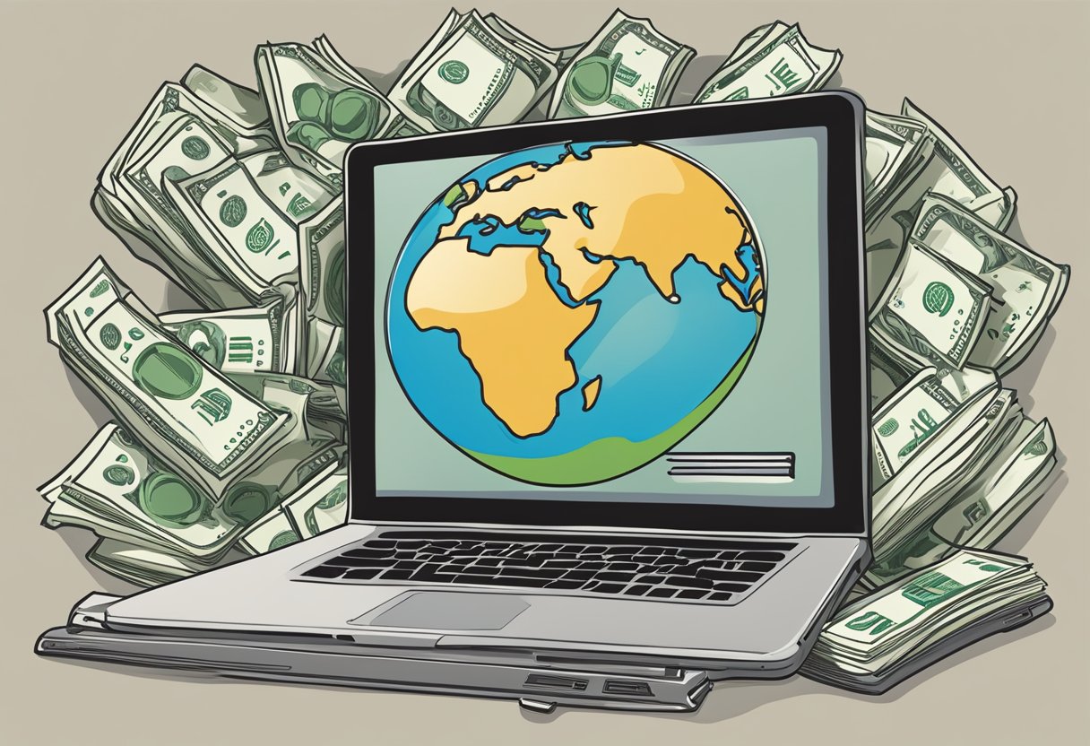 A laptop with an e-book cover displayed, surrounded by dollar signs and a globe, symbolizing global online sales