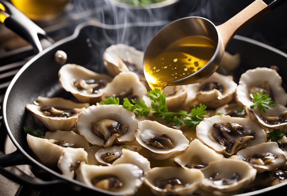 Oyster mushrooms sizzle in a hot pan with olive oil and garlic, releasing a savory aroma. Steam rises as they cook to a golden brown