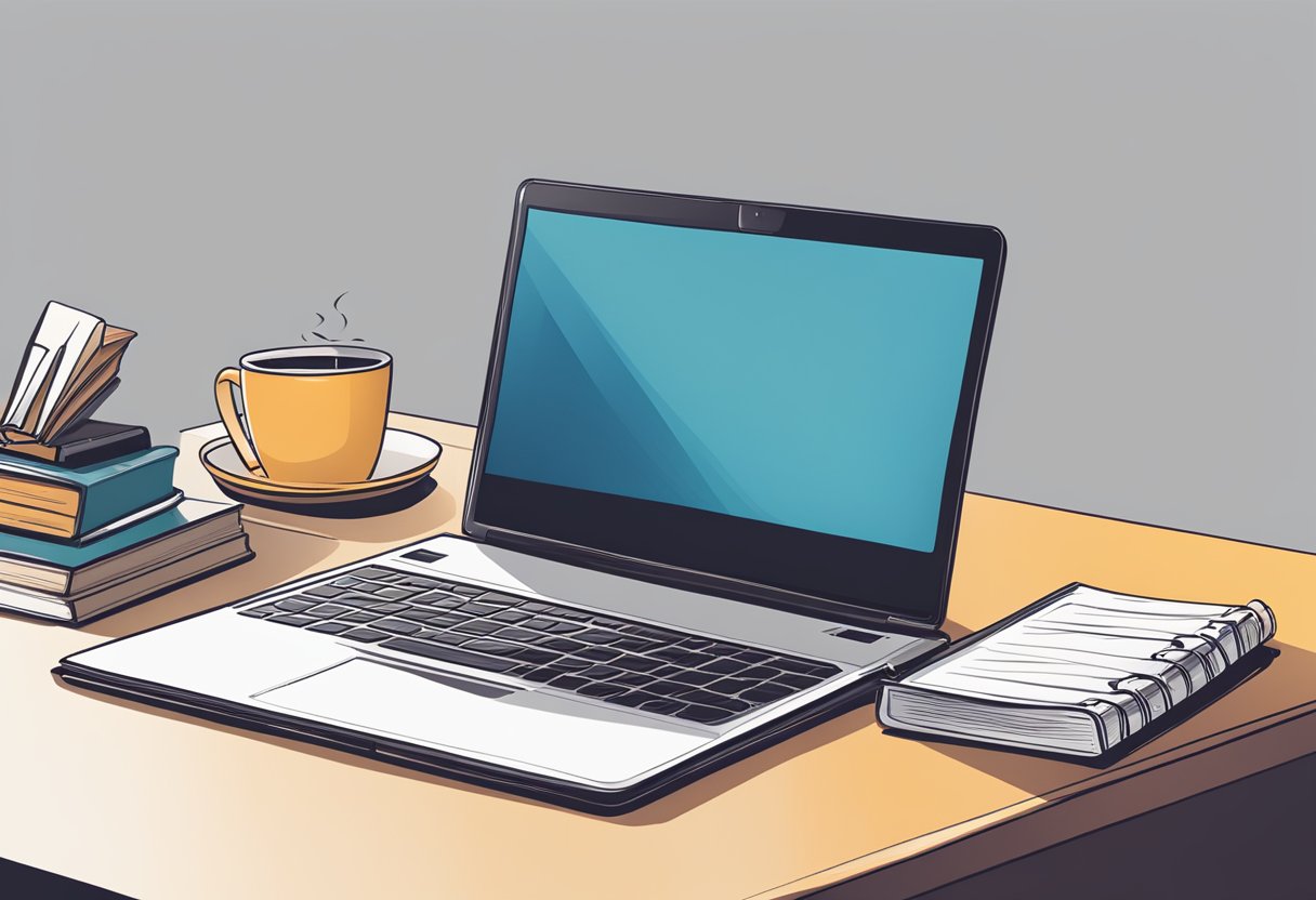 A laptop open on a desk, with a stack of books and a cup of coffee nearby. A pen and notebook sit beside the laptop, ready for writing