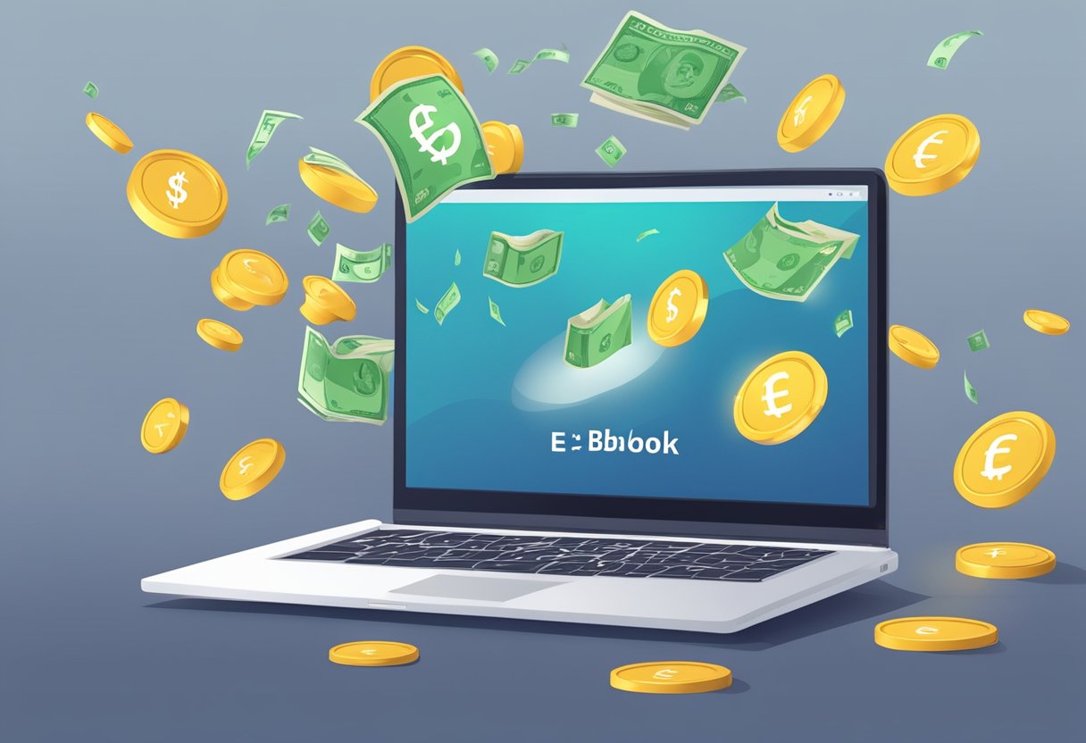 An open laptop displaying "E-book Publishing" with money symbols floating around it