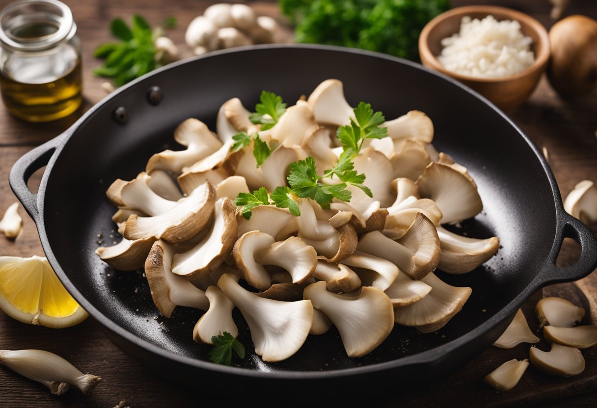 Oyster mushrooms are being cleaned and sliced, then sautéed in a hot pan with olive oil and garlic