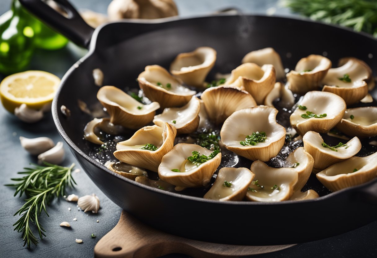 Sauté oyster mushrooms in a hot pan with olive oil and garlic. Sprinkle with salt and pepper, then cook until golden brown and crispy