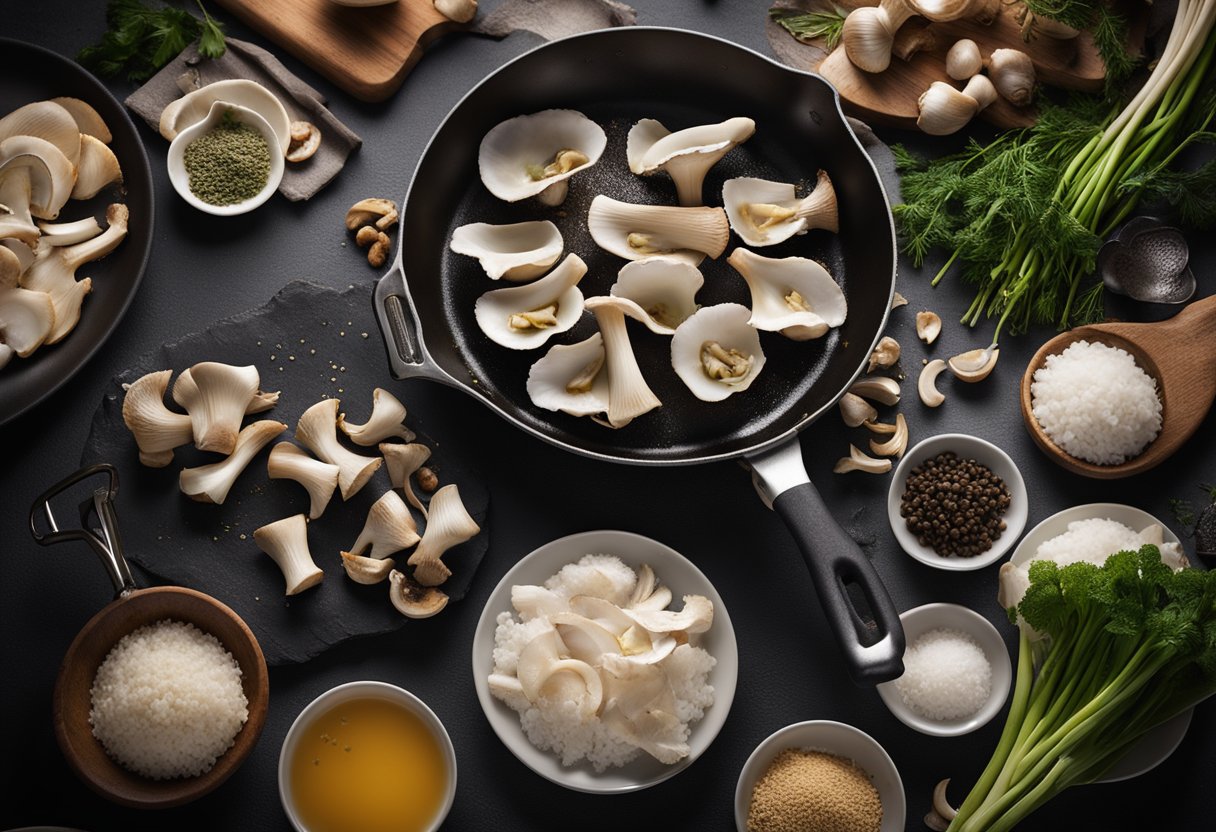 Oyster mushrooms sizzling in a hot pan, surrounded by various cooking utensils and ingredients, with a recipe book open to the "how to cook oyster mushrooms" page