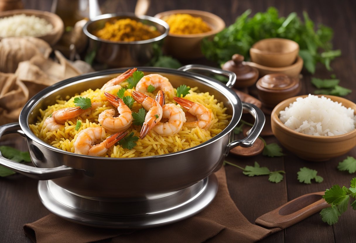 Prawns and rice simmer in fragrant spices, steam billowing from the pressure cooker. The rich aroma of biryani fills the kitchen