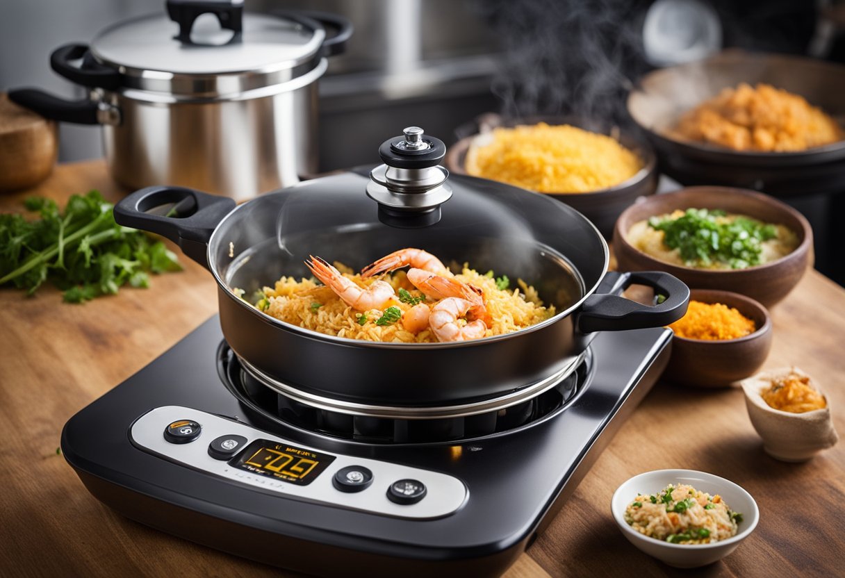 A pressure cooker sizzling with prawn biryani ingredients, steam escaping, a timer set, and a recipe book open to "Frequently Asked Questions."