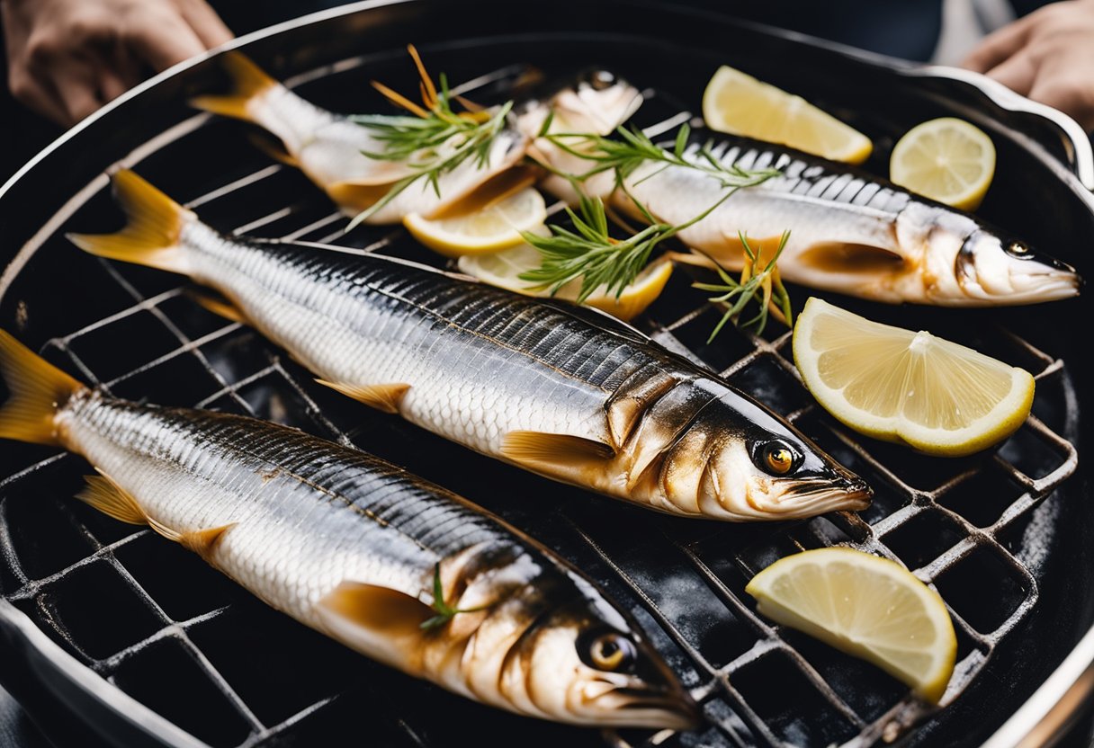 Saba fish cleaned and marinated in soy sauce. A hot grill sizzles as the fish is placed on it, turning golden and aromatic