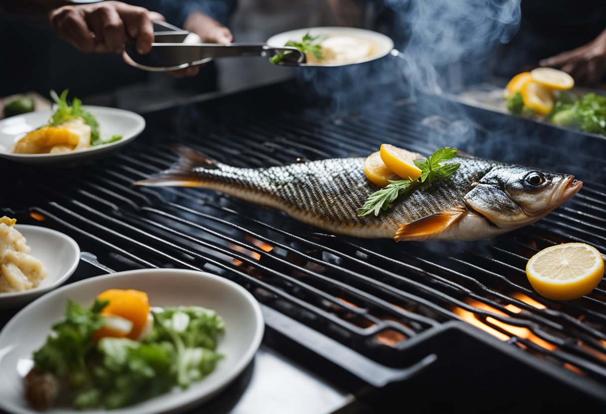 Sizzling saba fish on a hot grill, steam rising. A chef's hand flips the fish with tongs. A platter with garnishes waits nearby