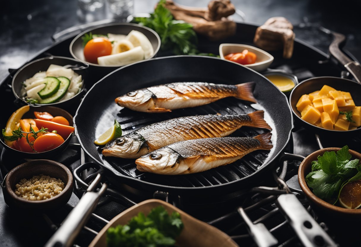 A chef grills saba fish on a sizzling hot pan, surrounded by various cooking utensils and ingredients