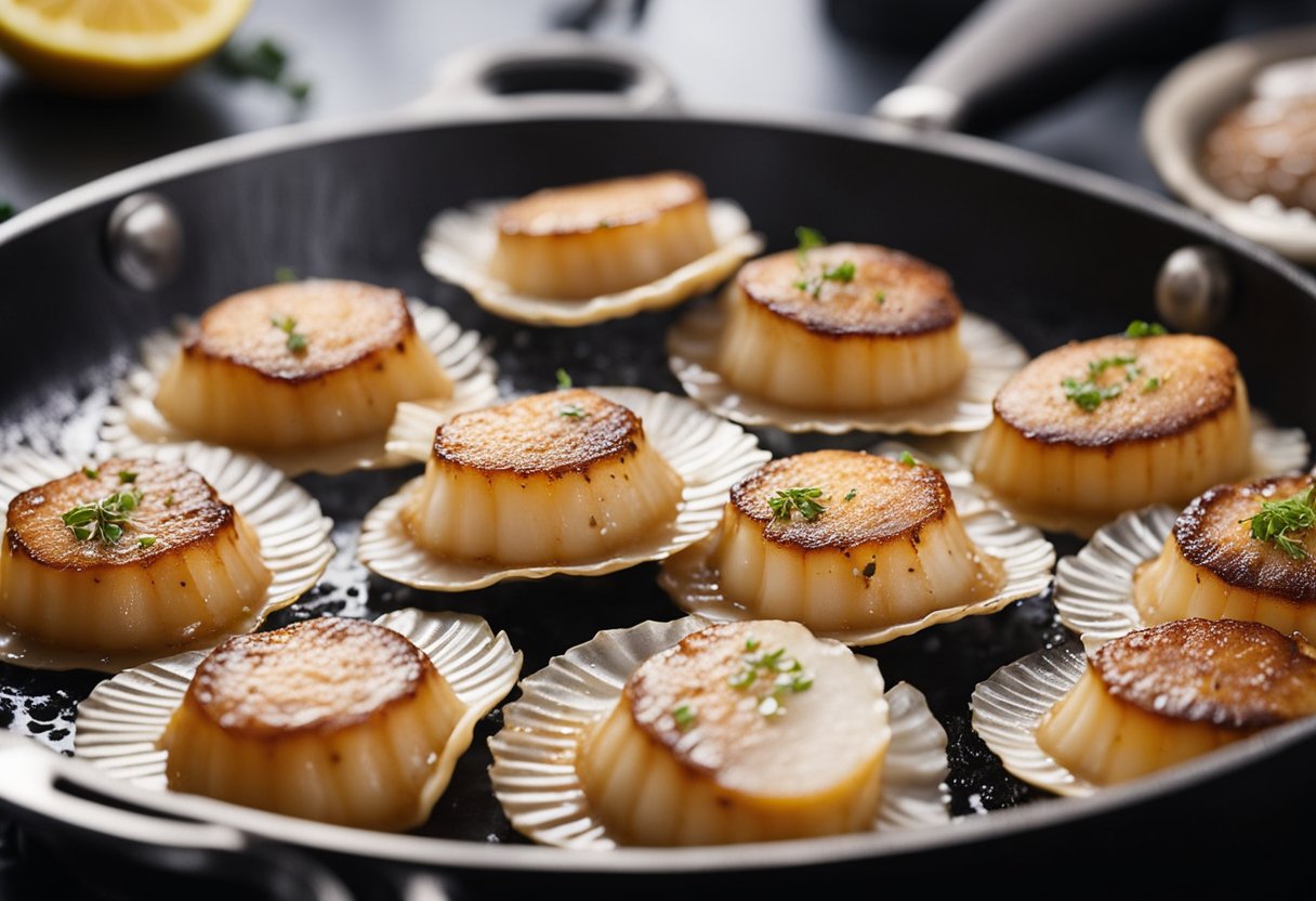 Scallops sizzle in a hot pan, turning golden brown. A chef sprinkles them with salt and pepper before adding a squeeze of lemon juice