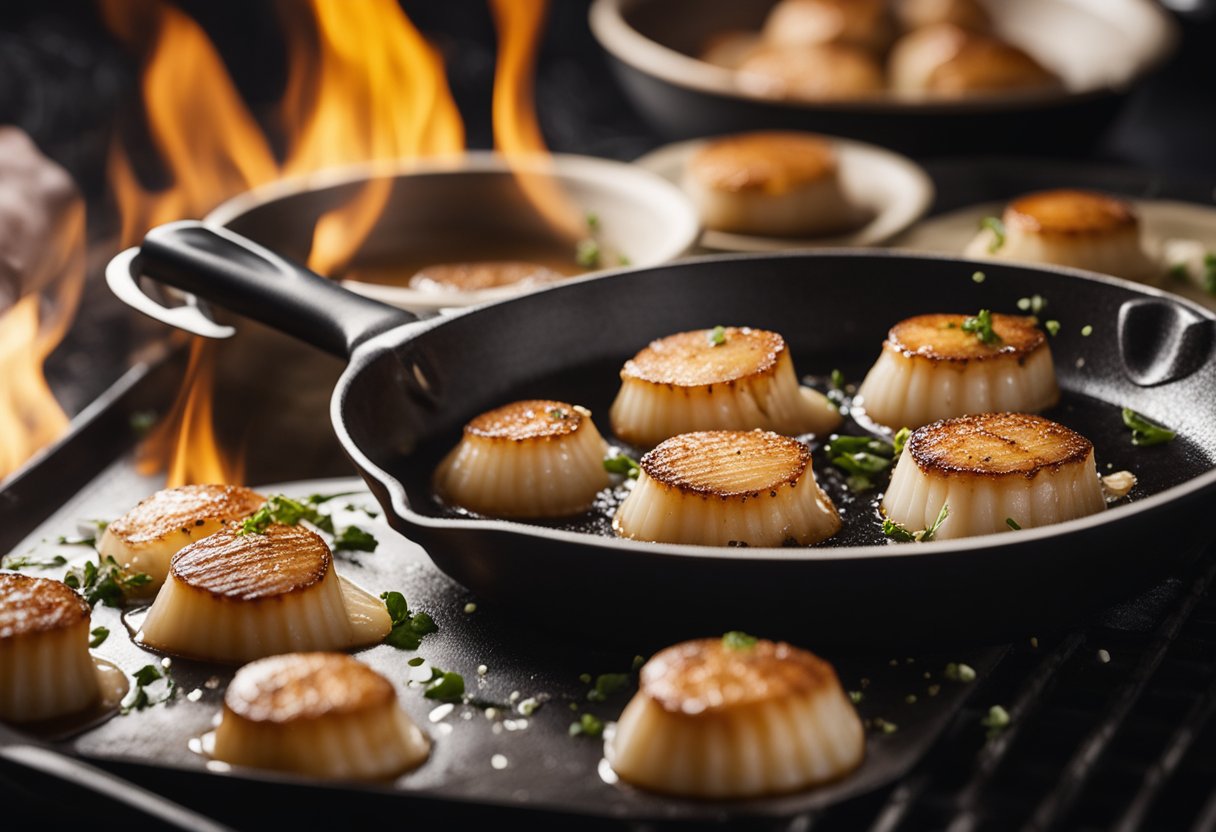 Scallops sizzling in a hot pan, golden brown on one side. A chef gently flips them over with a spatula, creating a caramelized crust