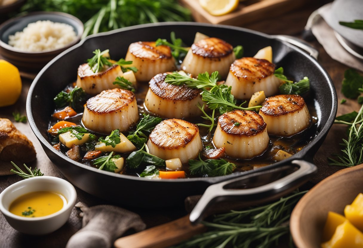 Scallops sizzling in a hot pan, surrounded by a medley of colorful herbs and seasonings, with a steaming pot of buttery sauce nearby