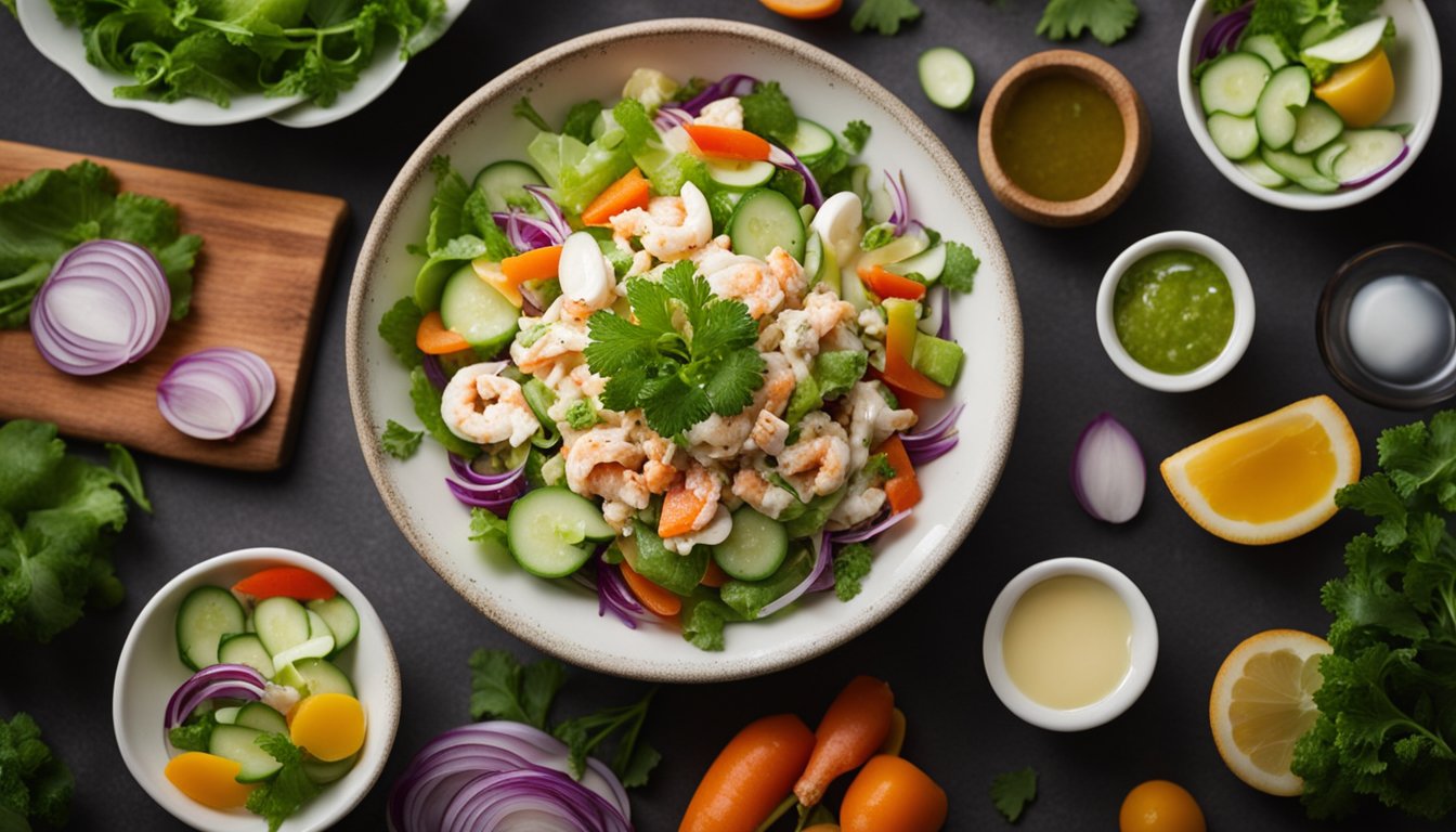 A colorful bowl of fresh crab salad with vibrant vegetables and a light vinaigrette dressing