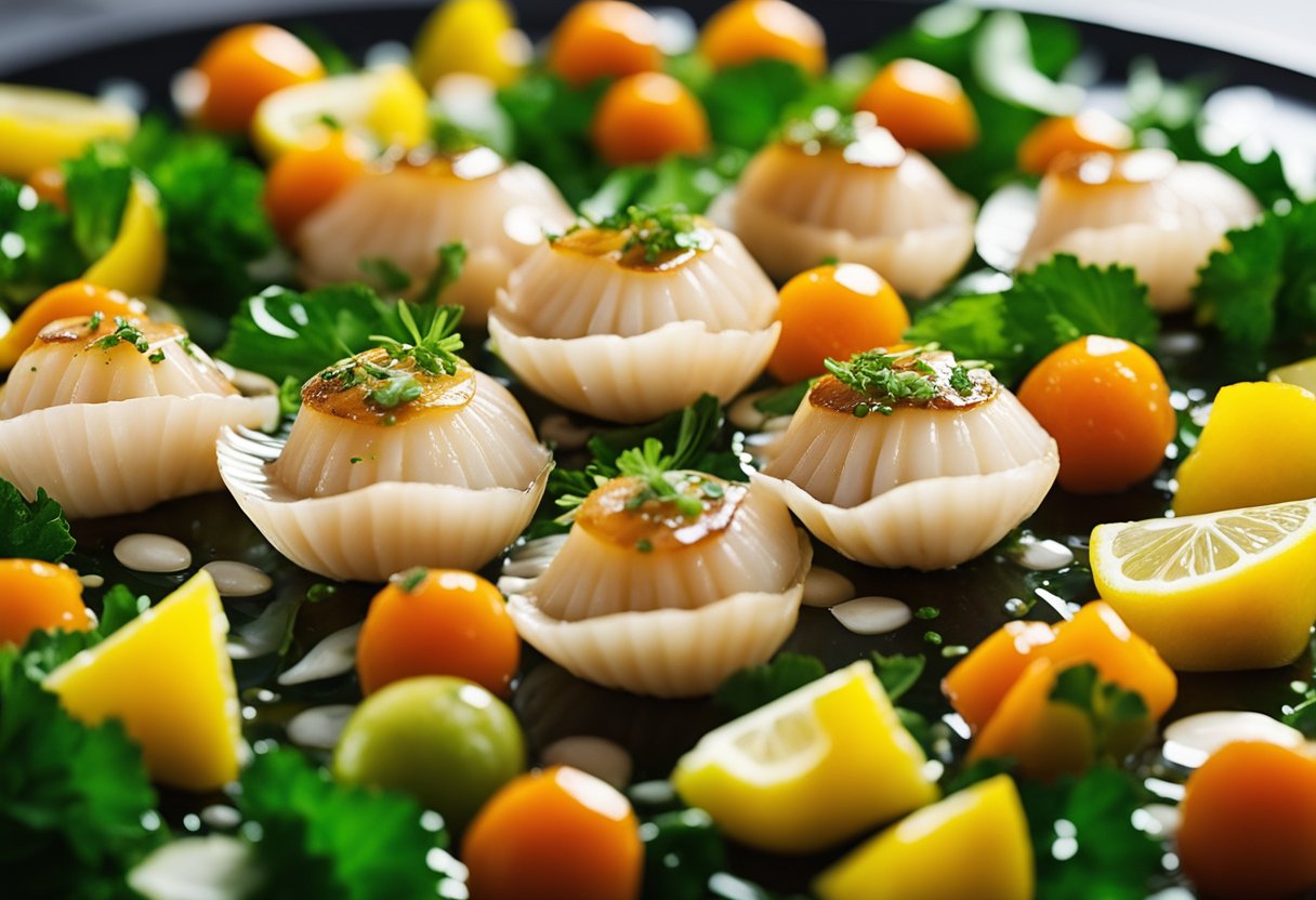 Fresh bay scallops arranged on a bed of colorful vegetables, drizzled with a zesty citrus vinaigrette and garnished with fragrant herbs