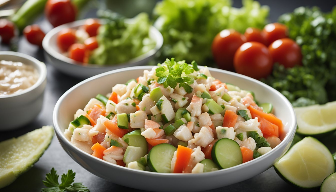 A bowl of fresh, vibrant vegetables and succulent crab meat, tossed together with a light, zesty dressing, creating a mouthwatering and healthy crab salad