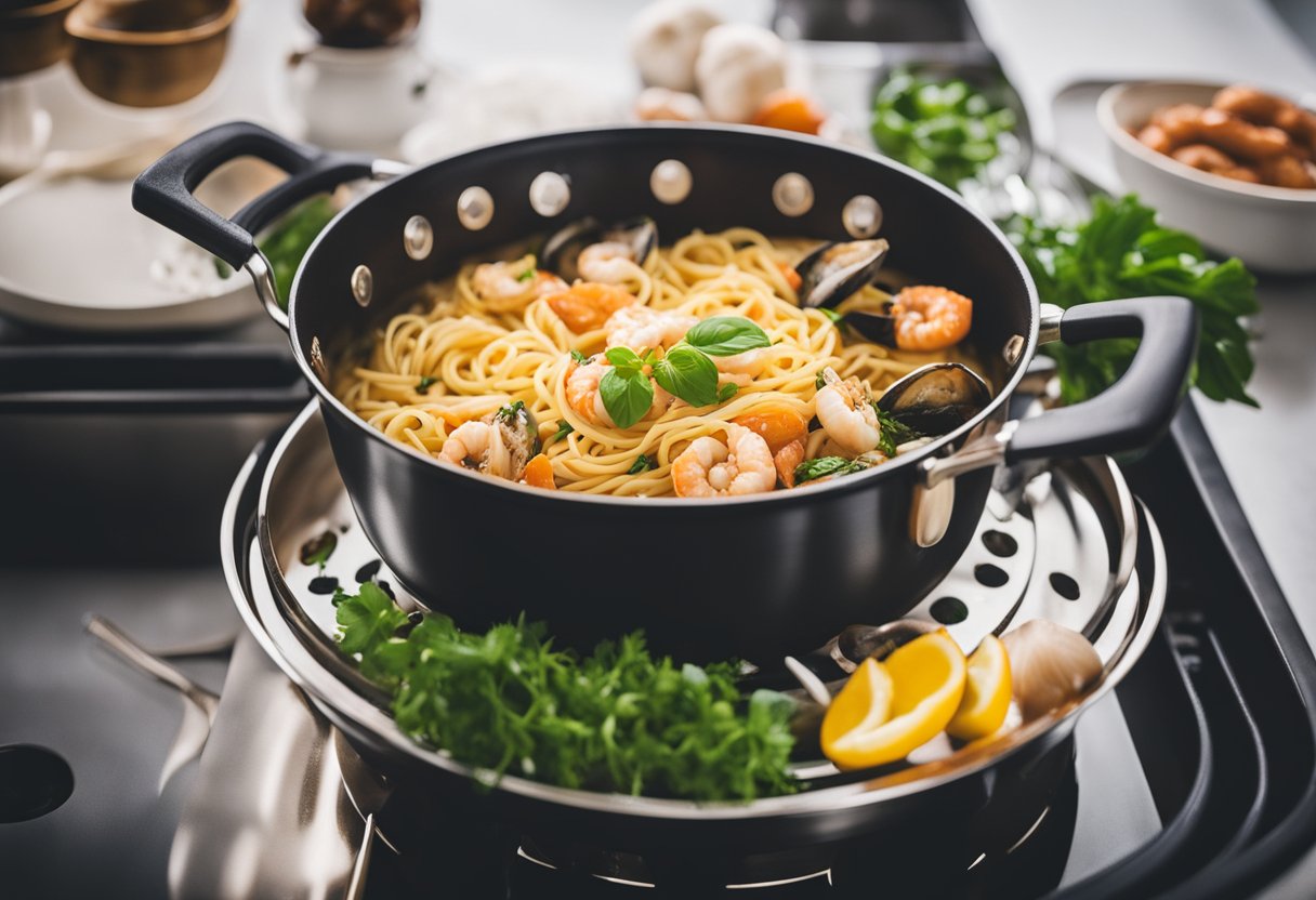 A pot of boiling water with pasta, a variety of fresh seafood, garlic, chili, and herbs on a kitchen counter in Singapore