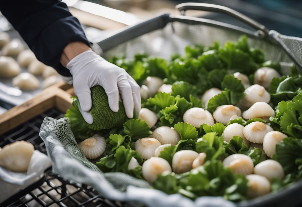 A hand reaches into a mesh bag, selecting fresh bay scallops. They are then rinsed and patted dry, ready for cooking