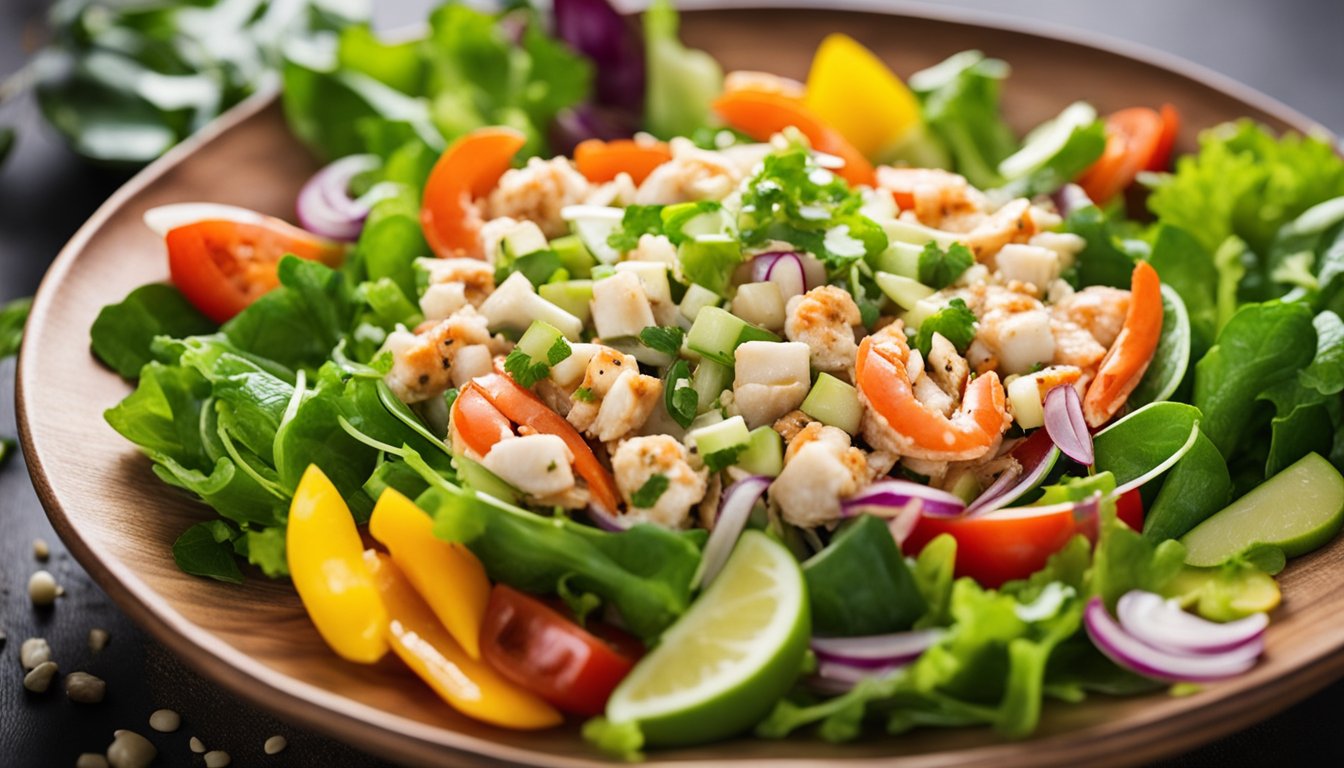 A colorful bowl of fresh crab salad surrounded by vibrant vegetables and drizzled with a light vinaigrette