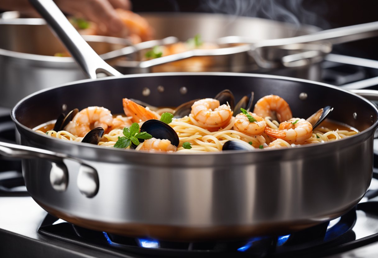 A pot boils on a stove. Pasta swirls in the water. Shrimp, mussels, and clams sizzle in a pan. A rich tomato sauce simmers on the side