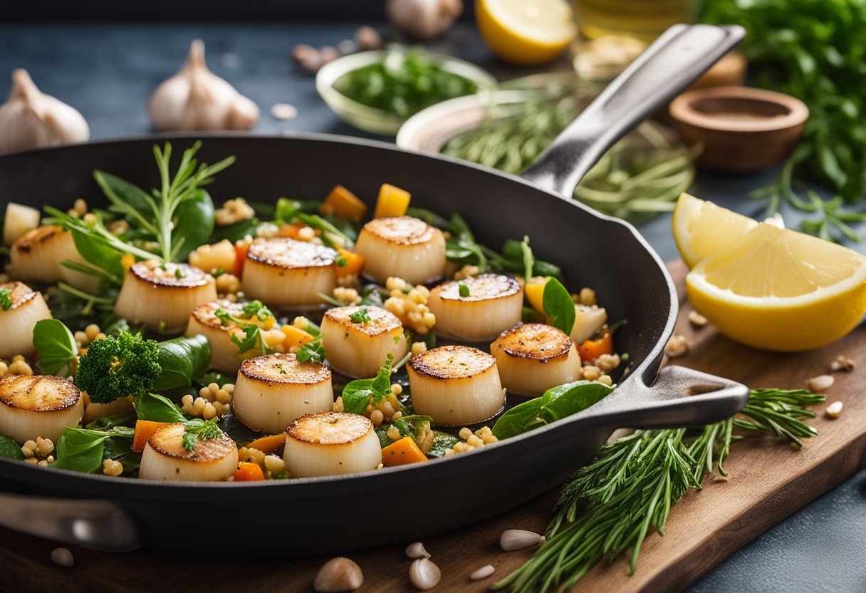 Bay scallops sizzling in a pan with garlic, herbs, and lemon. A colorful array of fresh vegetables and grains on the side