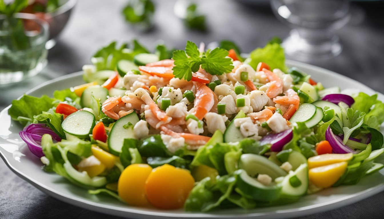 A bowl of fresh crab salad with colorful vegetables and a light vinaigrette dressing, surrounded by a variety of healthy ingredients