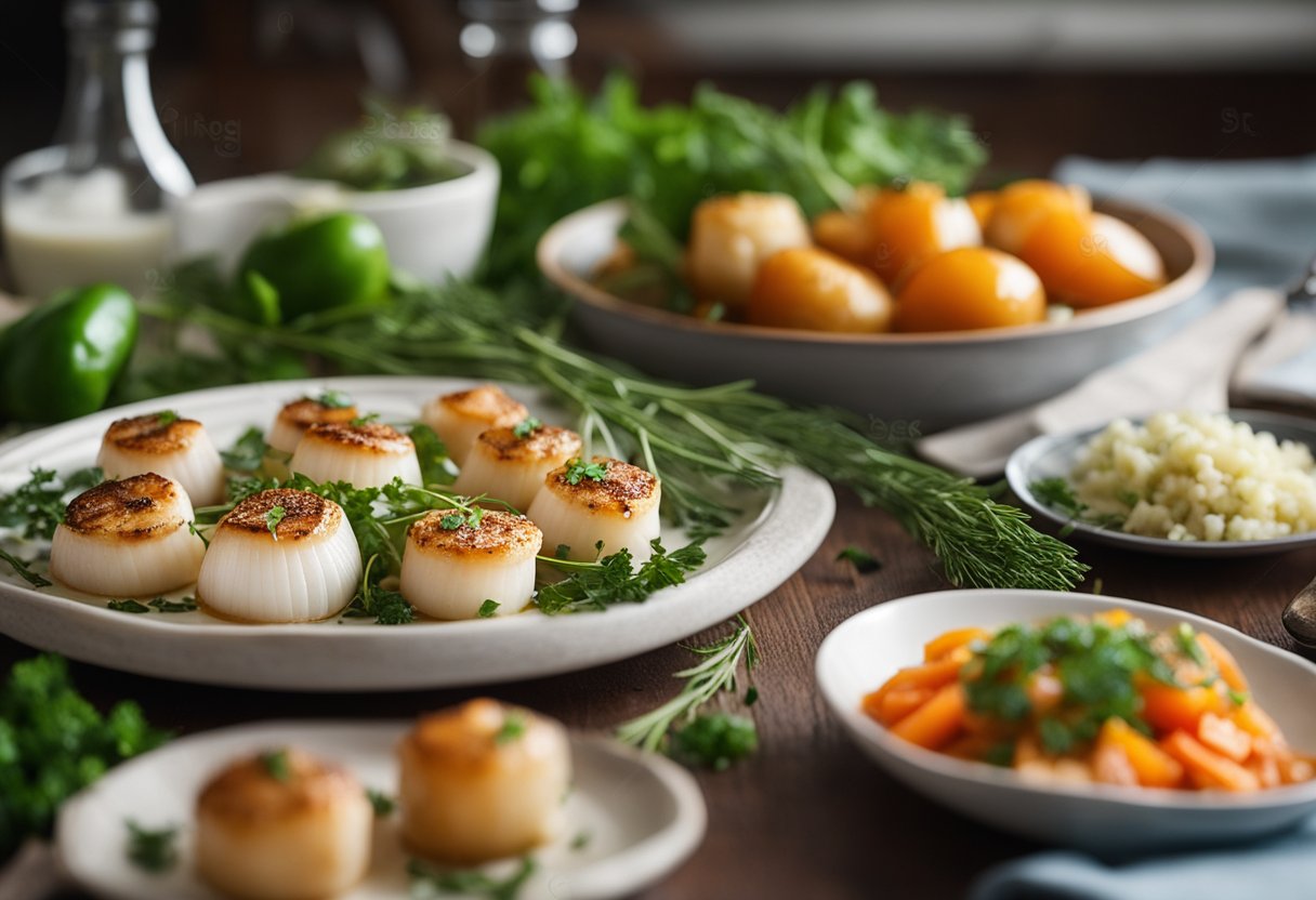 A table set with a variety of fresh ingredients including bay scallops, herbs, and vegetables, with a cookbook open to a page titled "Healthy Bay Scallop Recipes."
