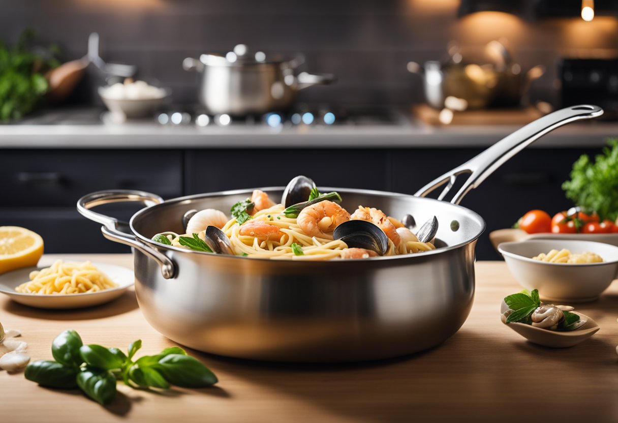 A pot of boiling water with pasta, a sizzling pan of seafood, and a colorful array of fresh ingredients on a kitchen counter