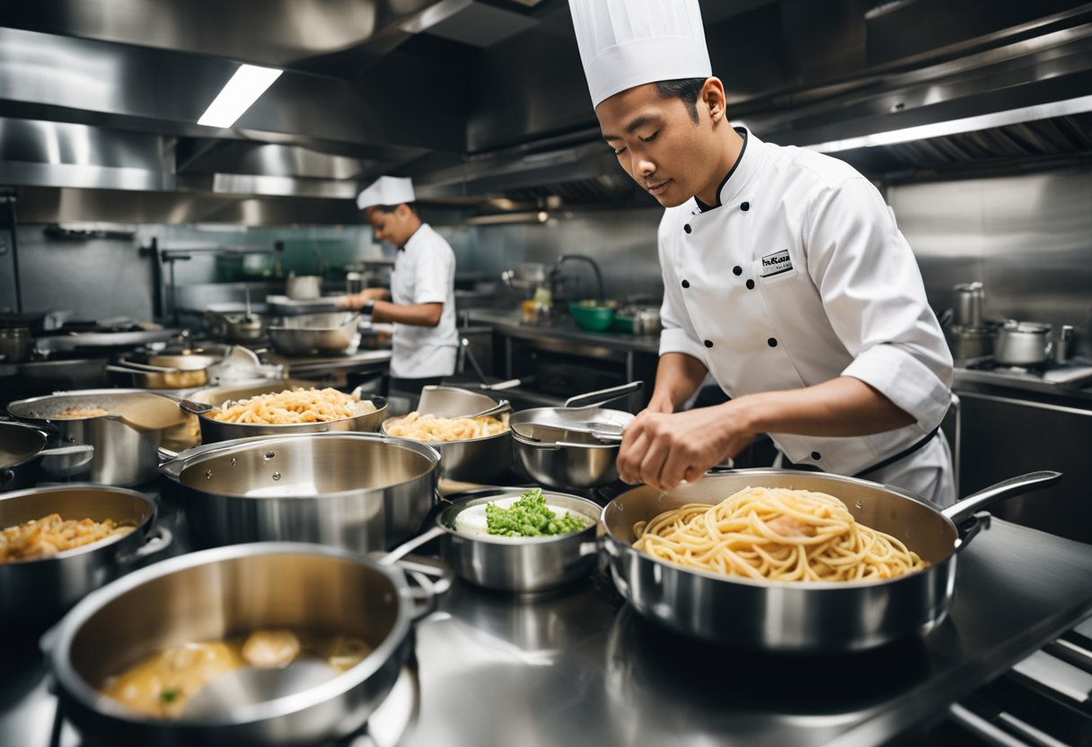 A chef prepares seafood pasta in a bustling Singapore kitchen, surrounded by pots, pans, and fresh ingredients