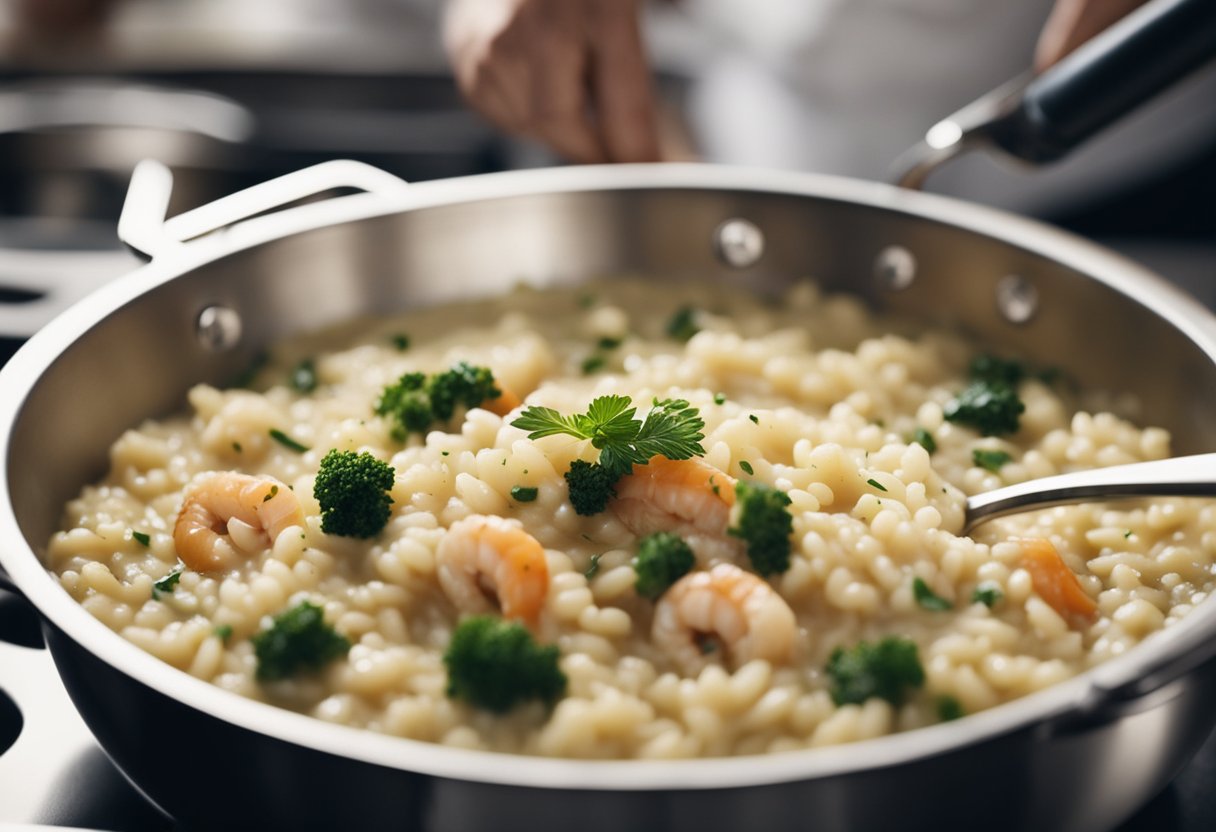 A chef stirs creamy risotto in a pan with seafood and aromatic herbs, adding a splash of white wine and ladling in flavorful broth