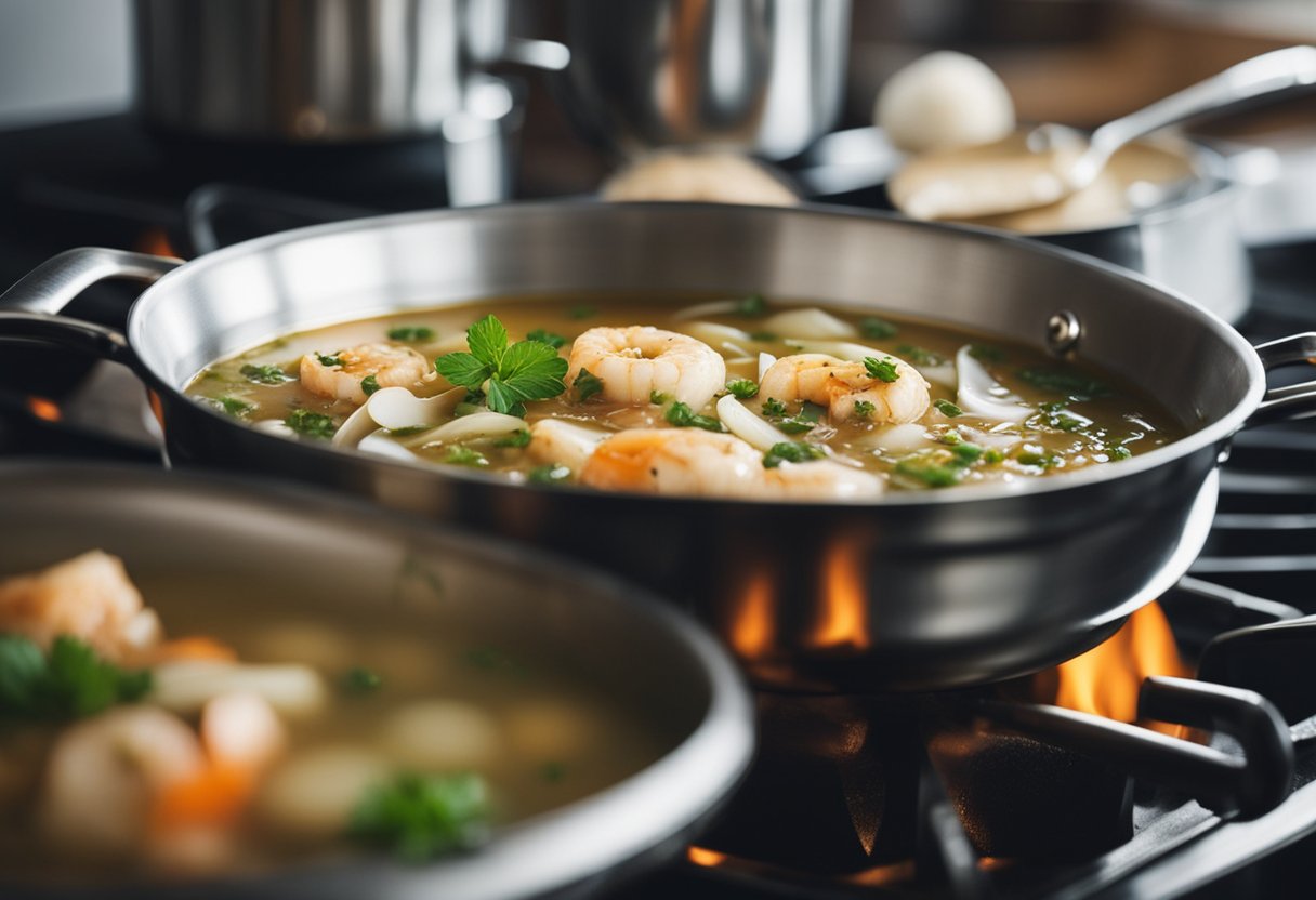 A pot simmers with broth, while a pan sizzles with garlic and onions. Seafood, rice, and herbs wait nearby