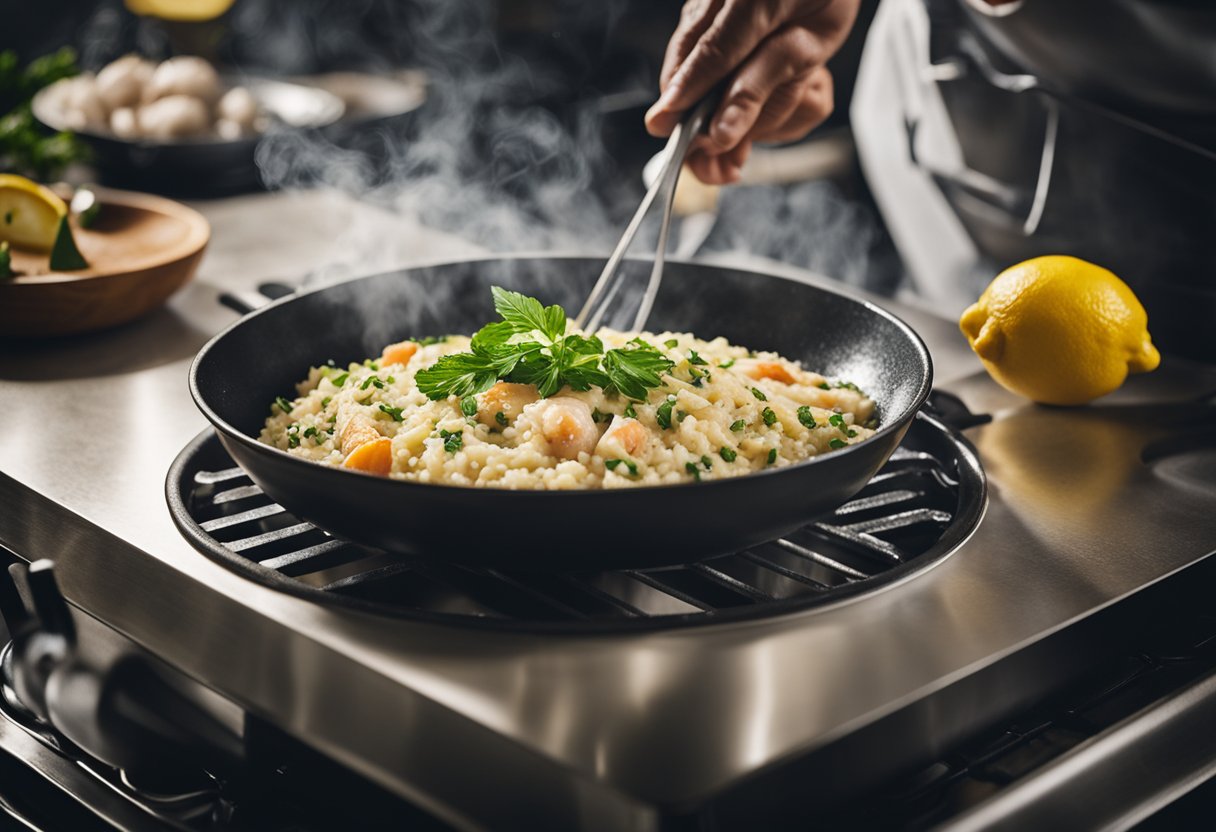 Seafood risotto being stirred in a large pan over a gas stove. A chef's hand sprinkles fresh herbs over the dish before it is plated and garnished with a lemon wedge