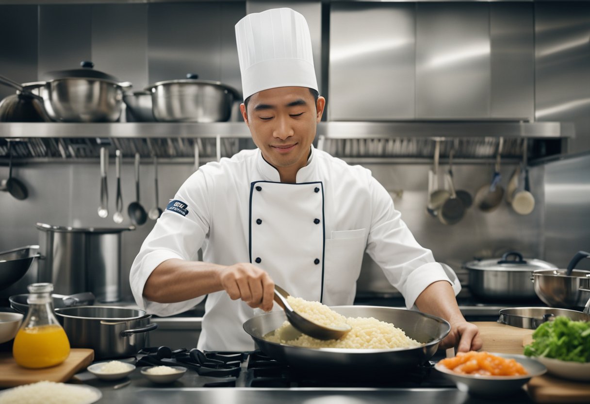 A chef stirring a pot of seafood risotto in a bustling Singapore kitchen. Ingredients and utensils scattered on the counter