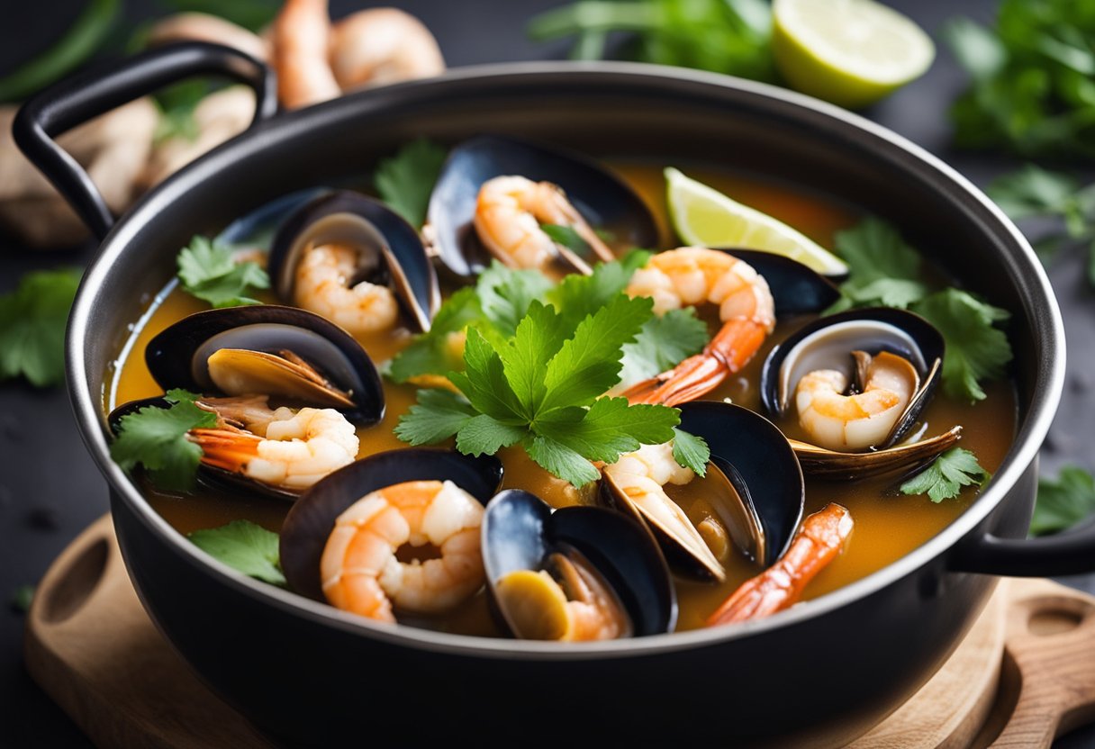 A pot simmers with tom yum broth, filled with shrimp, squid, and mussels. Lemongrass, kaffir lime leaves, and chili peppers float in the fragrant liquid
