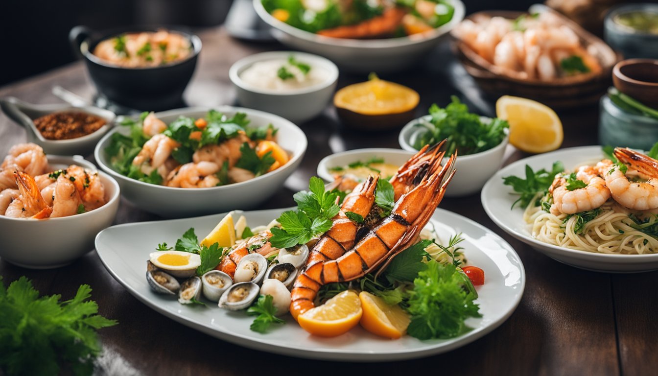 A table set with a variety of colorful and fresh seafood dishes, including grilled fish, prawn salad, and seafood soup, with vibrant herbs and spices as garnishes