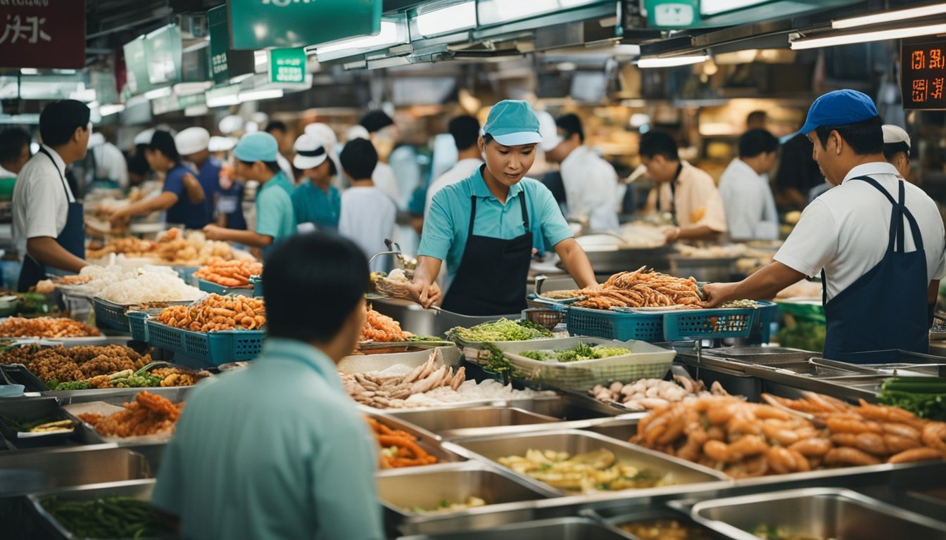 A bustling seafood market in Singapore, with colorful stalls displaying an array of fresh, healthy seafood dishes. Customers eagerly sample the various delicacies, while vendors expertly prepare and cook the seafood to perfection