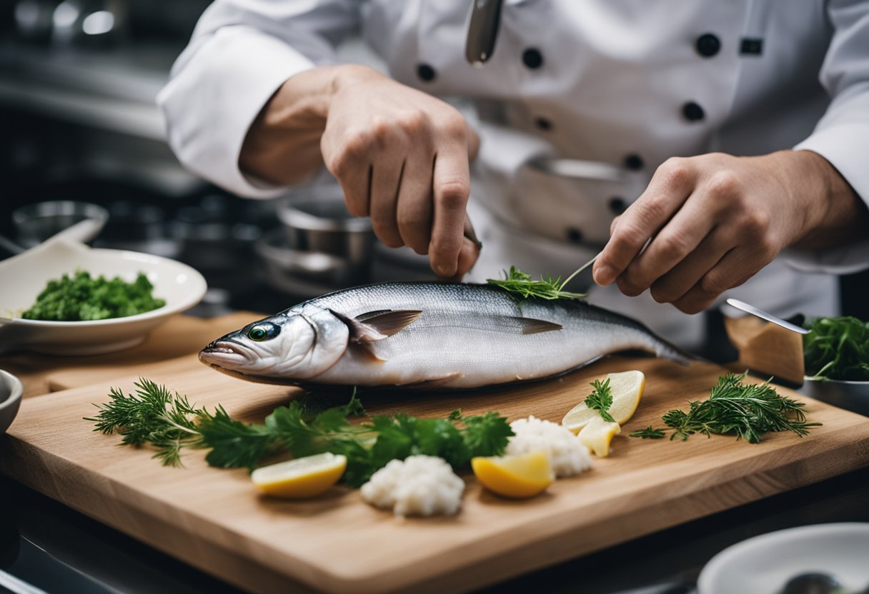 A chef preparing a herring fish dish with various ingredients and utensils on a kitchen counter