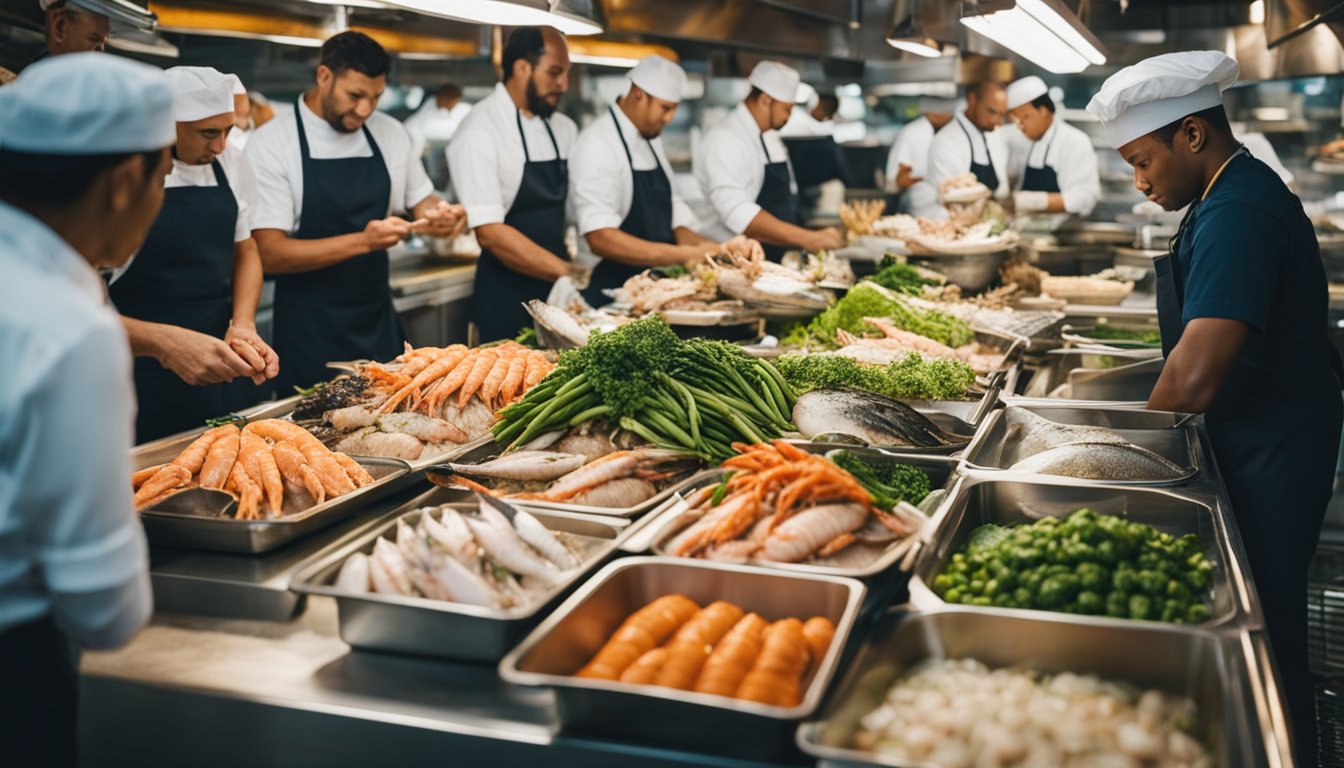 A vibrant fish market with various types of seafood on display, including fish, prawns, and crabs. Customers are seen selecting fresh seafood while chefs prepare healthy dishes in the background