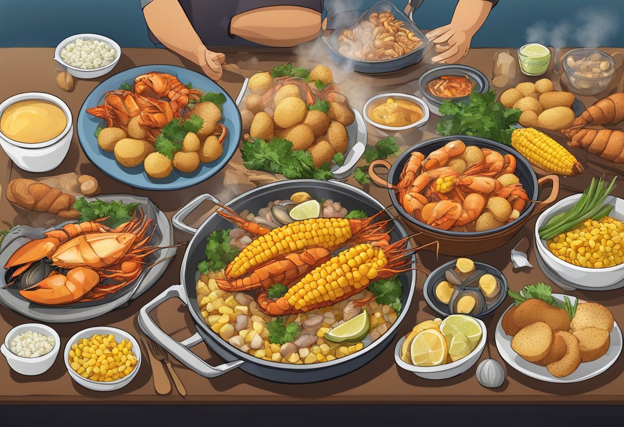 A table set with a variety of seafood, corn, and potatoes, surrounded by friends and family, with steam rising from the hot, flavorful boil