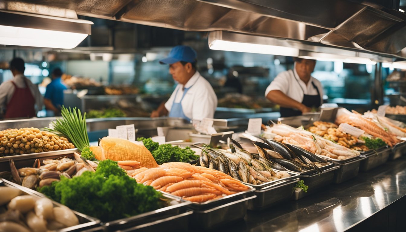 A bustling seafood market with colorful displays of fresh fish and shellfish. Customers ask vendors about healthy seafood options