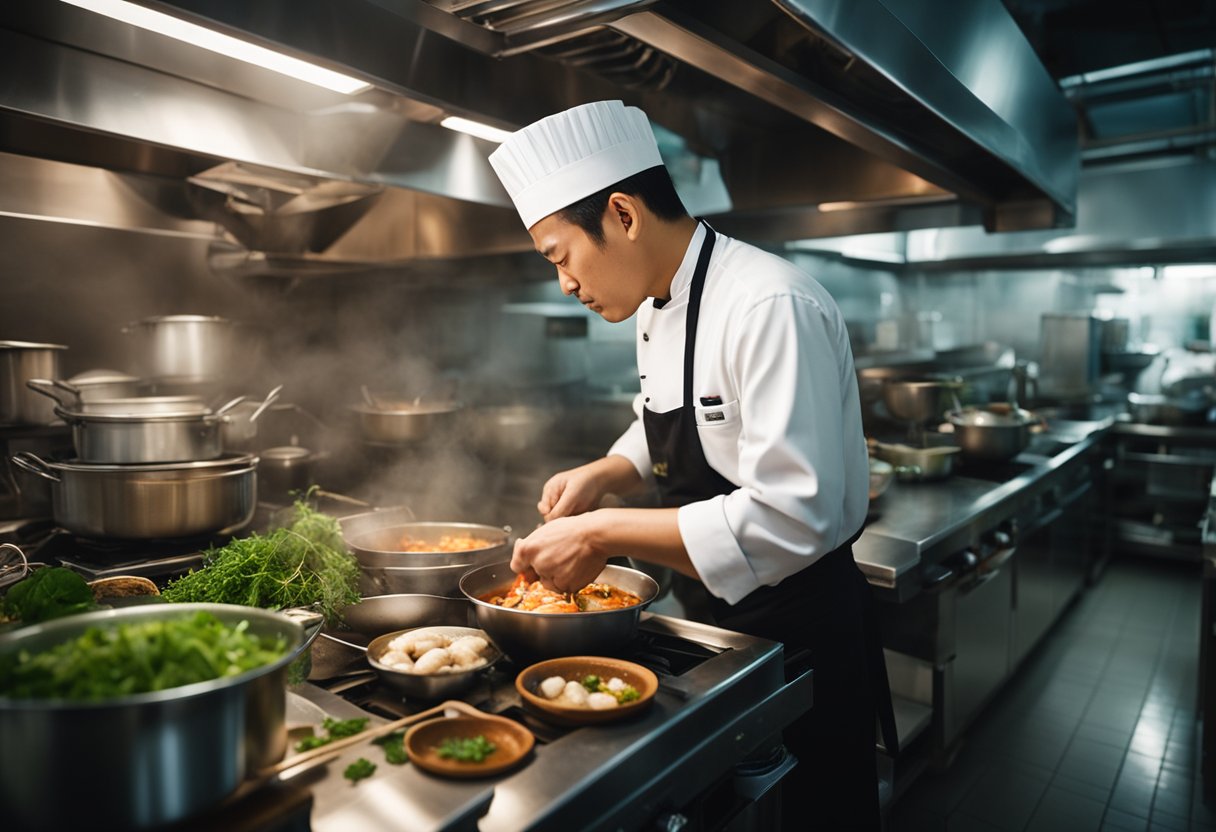 A chef prepares tom yum seafood in a bustling Singapore kitchen, surrounded by aromatic herbs and spices