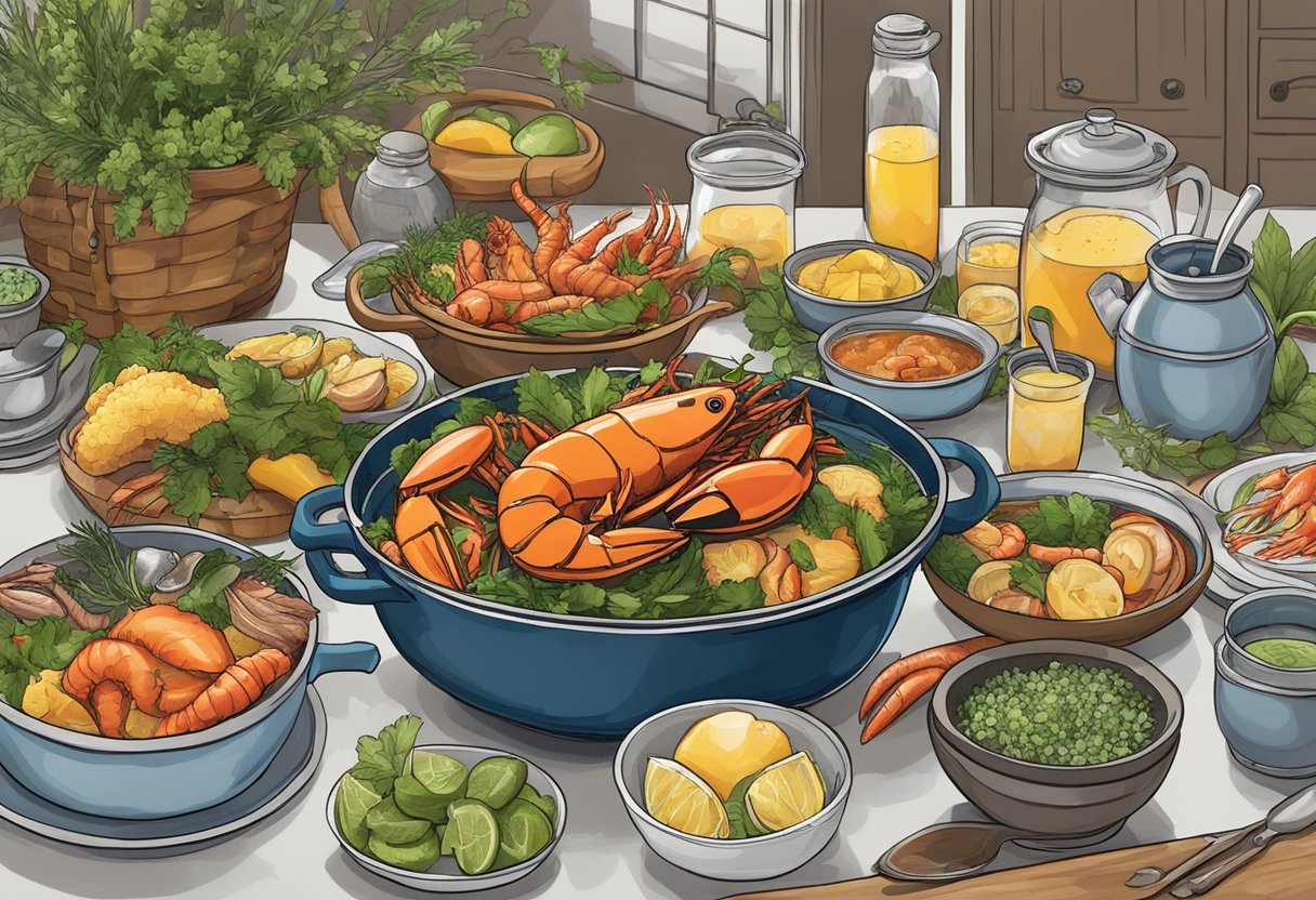 A table set with a vibrant seafood boil, steam rising, surrounded by condiments and fresh herbs, ready to be enjoyed