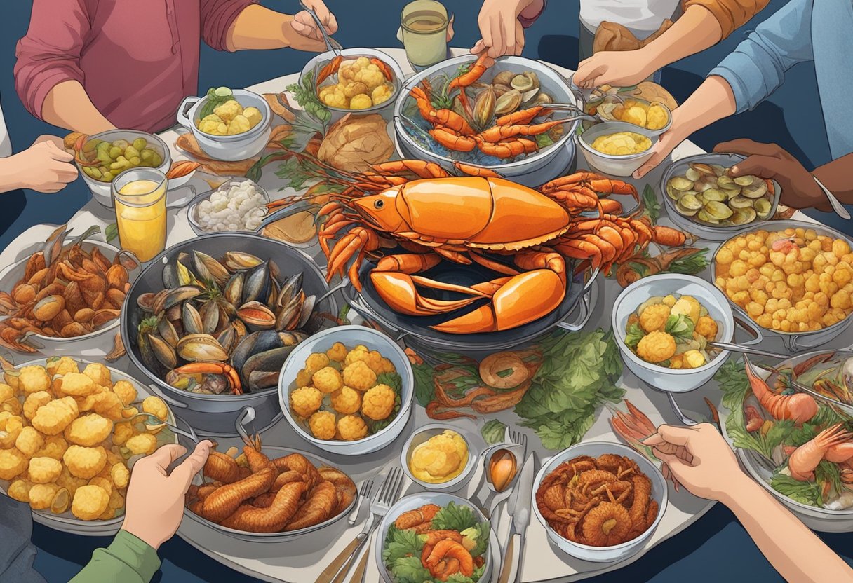 A table set with a colorful seafood boil, surrounded by eager diners with utensils in hand