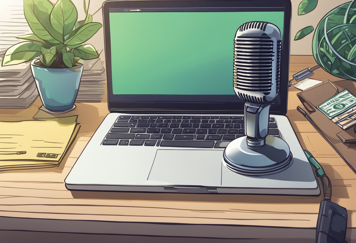 A microphone is set up on a desk next to a laptop. A sign that reads "Getting Started with Podcasting" is displayed. A stack of dollar bills symbolizes making money online