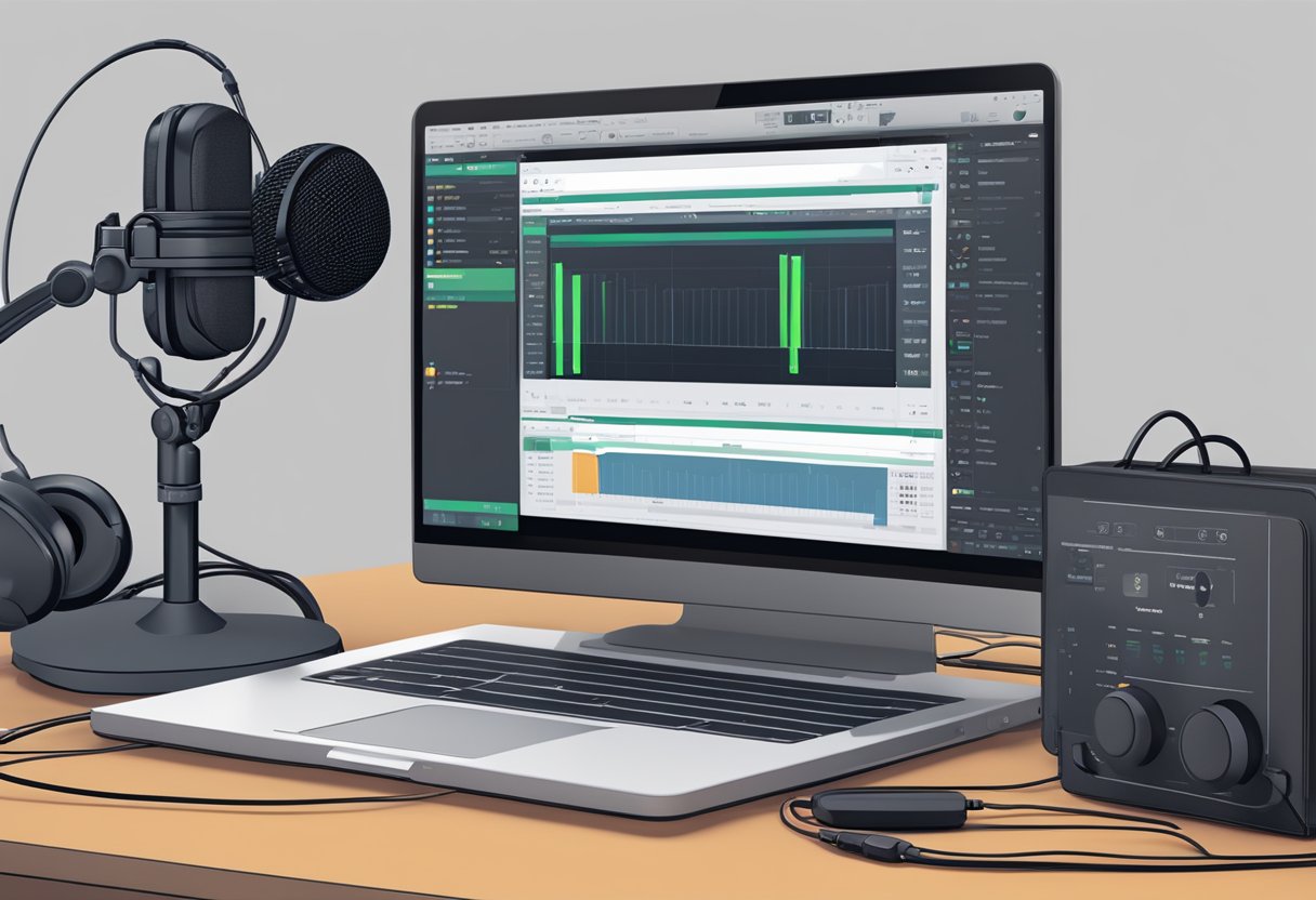 A microphone and headphones sit on a desk, connected to a laptop. A recording software interface is open on the screen, with a logo for a podcast about making money online