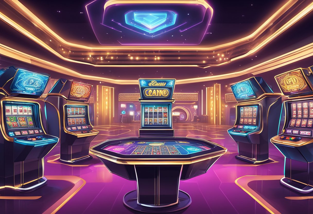 A digital casino with Bitcoin symbols, chips, and slot machines, surrounded by a futuristic and sleek environment