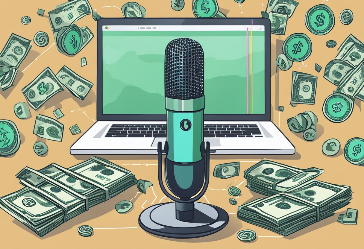 A microphone surrounded by dollar signs, with a laptop displaying podcast analytics and a money symbol