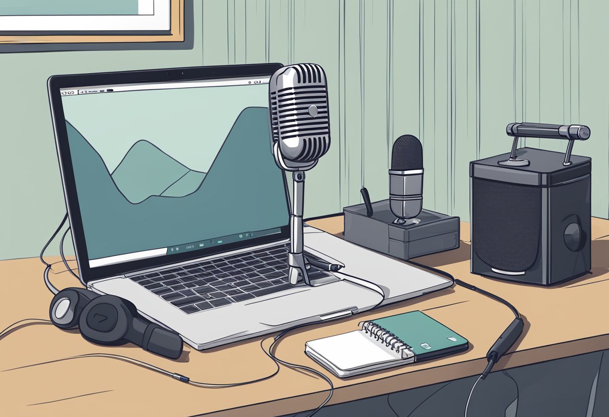 A microphone stands on a desk surrounded by a laptop, headphones, and a notepad with "Marketing Your Podcast" written on it