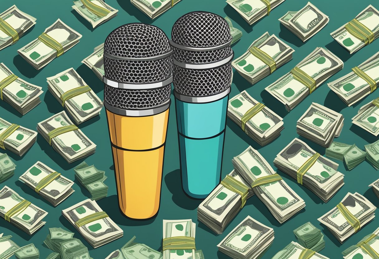 A microphone surrounded by stacks of cash, symbolizing the growth and scaling of podcasting to make money online