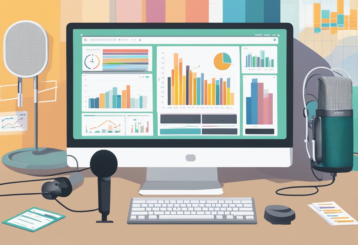 A microphone surrounded by charts and graphs, with a computer displaying positive listener feedback and revenue from podcasting